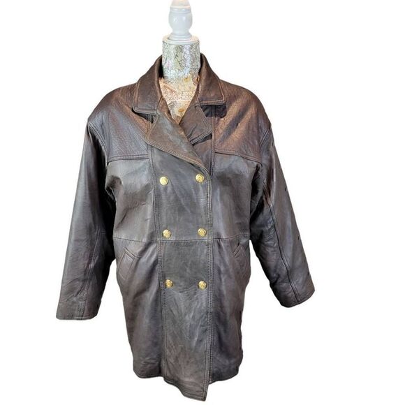 Braefair Vintage 80s Brown Leather Crested Gold Button Double Breasted Coat - Picture 16 of 16